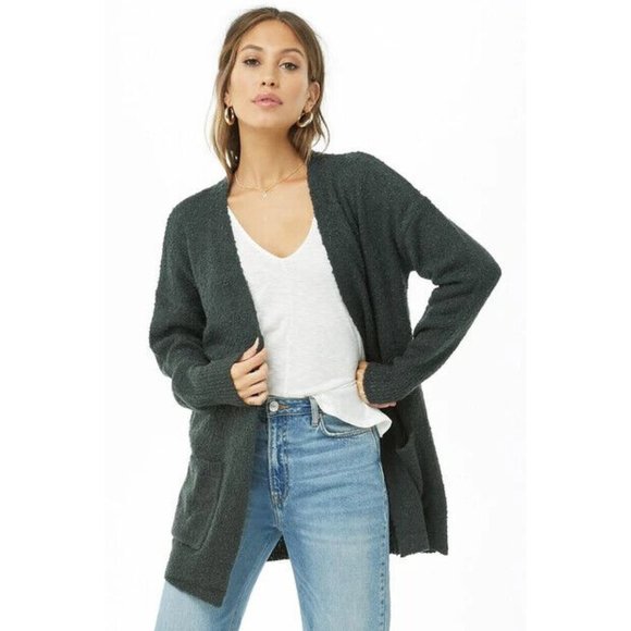 Forever 21 Sweaters - Forever 21 Cardigan Green Open Front Boucle Knit Pockets